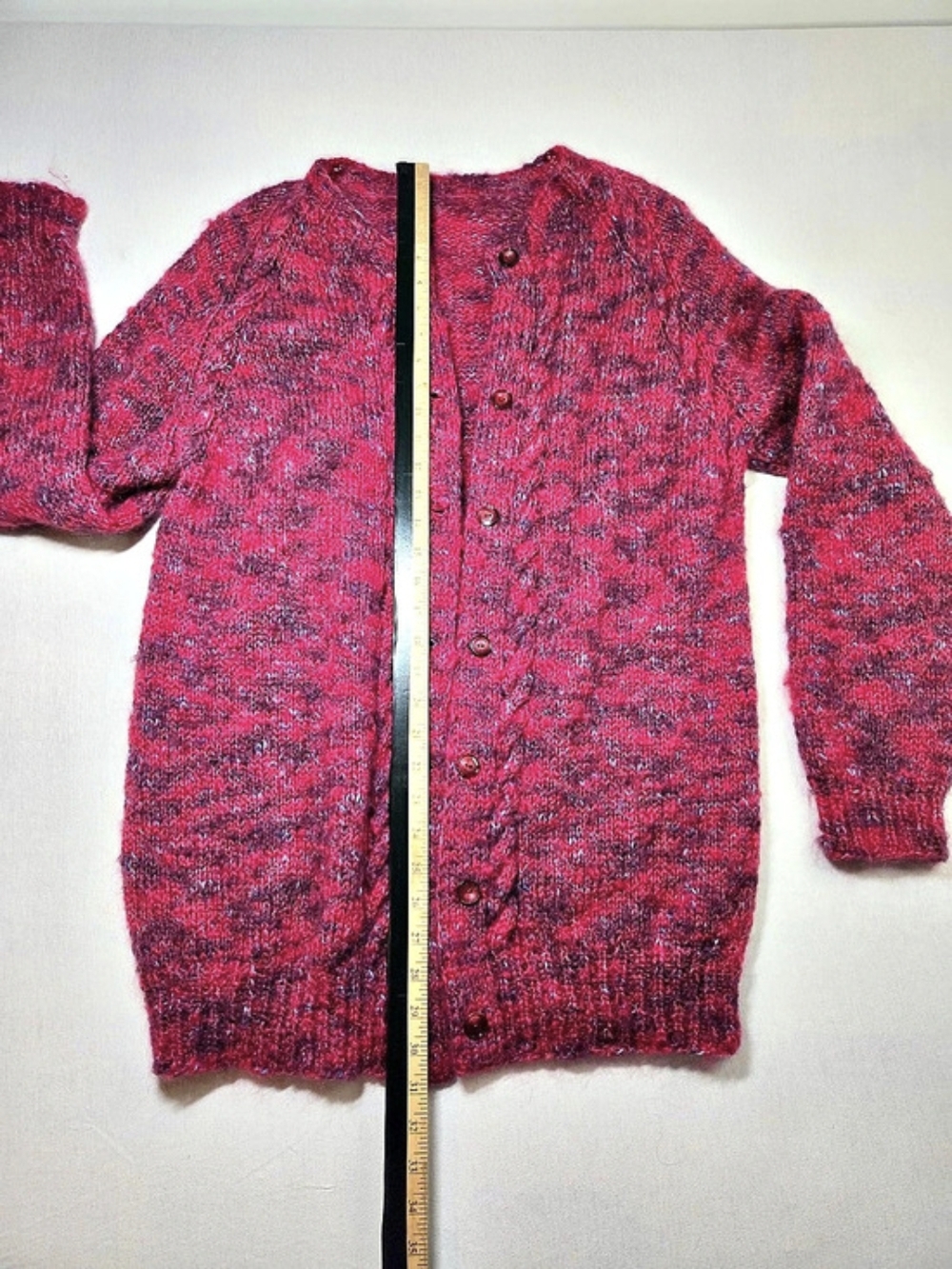 Women's Red Marled Wool Knit Crewneck Button-Front Raglan Cardigan Sz L